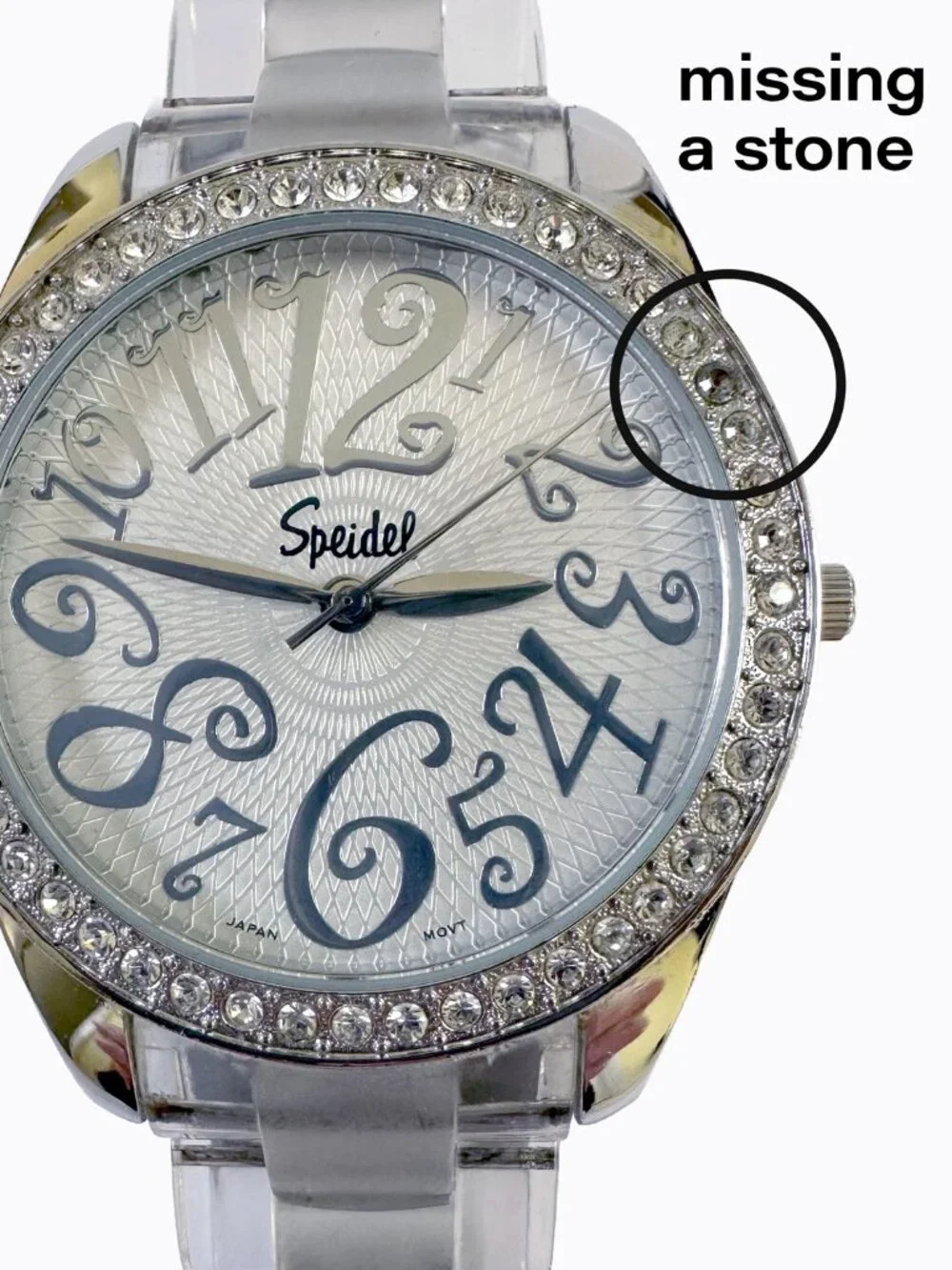 Vtg Speidel Y2K Clear Crystal Watch Silver Oversized Dial Translucent Band Retro
